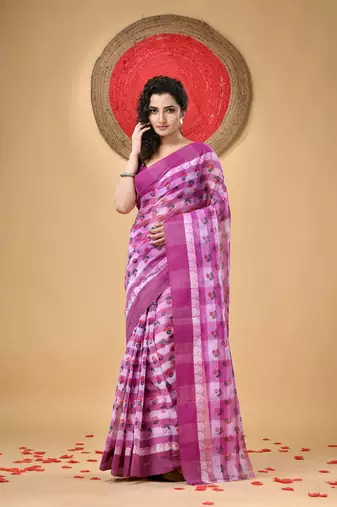 Purple Woven Cotton Floral Handloom Printed Sarees Without Blouse Piece