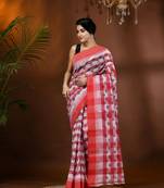 Red Woven Cotton Floral Handloom Printed Sarees Without Blouse Piece