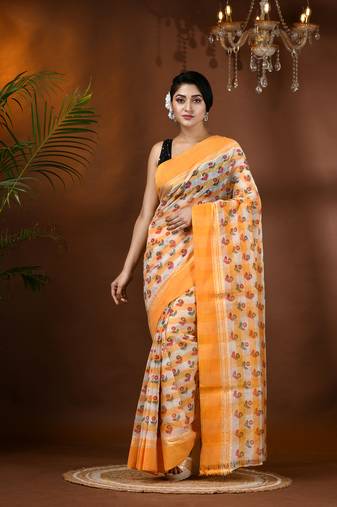 Yellow Woven Cotton Floral Handloom Printed Sarees Without Blouse Piece