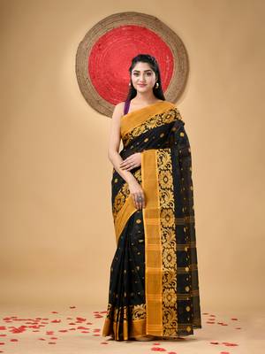 Black Woven Cotton Self Design Handloom-Sarees Without Blouse Piece 1