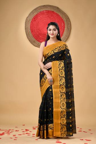 Black Woven Cotton Self Design Handloom-Sarees Without Blouse Piece