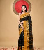 Black Woven Cotton Self Design Handloom-Sarees Without Blouse Piece