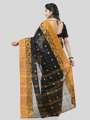 Black Woven Cotton Self Design Handloom-Sarees Without Blouse Piece 2
