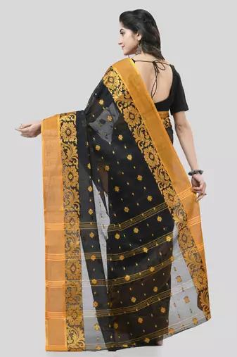 Black Woven Cotton Self Design Handloom-Sarees Without Blouse Piece
