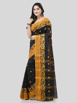 Black Woven Cotton Self Design Handloom-Sarees Without Blouse Piece 3