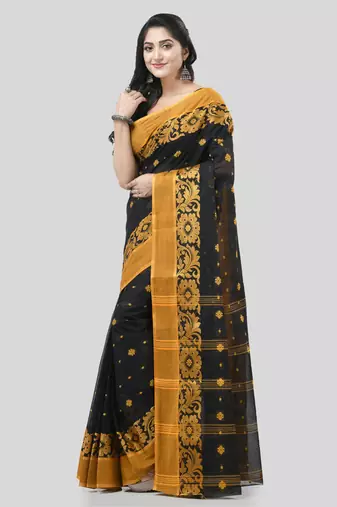 Black Woven Cotton Self Design Handloom-Sarees Without Blouse Piece