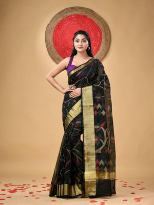 Black Woven Cotton Silk Self Design Handloom-Sarees Without Blouse Piece 1