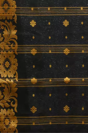 Black Woven Cotton Self Design Handloom-Sarees Without Blouse Piece