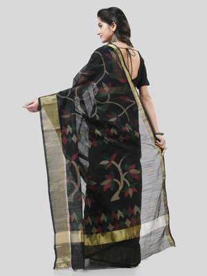Black Woven Cotton Silk Self Design Handloom-Sarees Without Blouse Piece 2