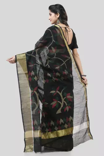 Black Woven Cotton Silk Self Design Handloom-Sarees Without Blouse Piece