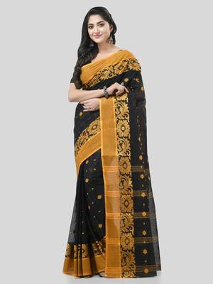 Black Woven Cotton Self Design Handloom-Sarees Without Blouse Piece 5