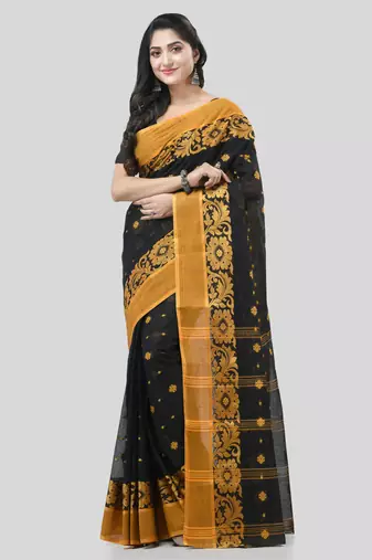 Black Woven Cotton Self Design Handloom-Sarees Without Blouse Piece