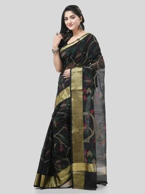 Black Woven Cotton Silk Self Design Handloom-Sarees Without Blouse Piece 3