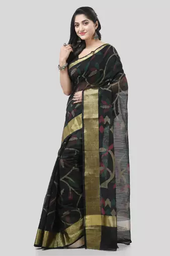 Black Woven Cotton Silk Self Design Handloom-Sarees Without Blouse Piece