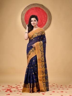 Blue Woven Cotton Self Design Handloom-Sarees Without Blouse Piece 1