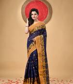 Blue Woven Cotton Self Design Handloom-Sarees Without Blouse Piece