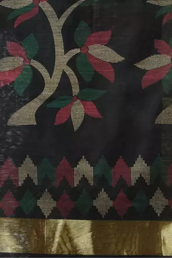 Black Woven Cotton Silk Self Design Handloom-Sarees Without Blouse Piece