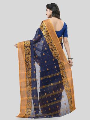Blue Woven Cotton Self Design Handloom-Sarees Without Blouse Piece 2