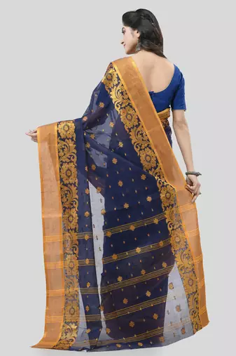 Blue Woven Cotton Self Design Handloom-Sarees Without Blouse Piece
