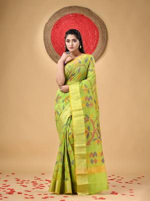 Light Green Woven Cotton Silk Self Design Handloom-Sarees Without Blouse Piece 1