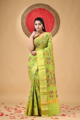 Light Green Woven Cotton Silk Self Design Handloom-Sarees Without Blouse Piece