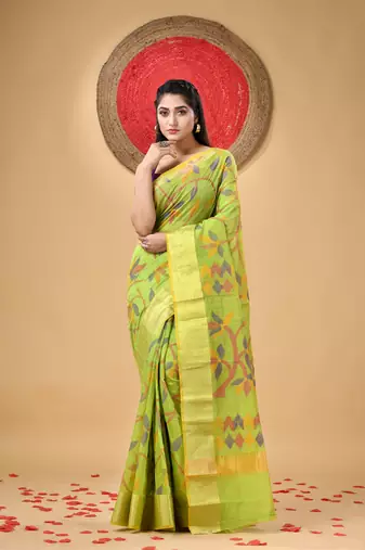Light Green Woven Cotton Silk Self Design Handloom-Sarees Without Blouse Piece