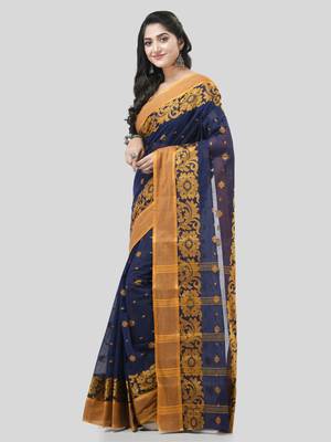 Blue Woven Cotton Self Design Handloom-Sarees Without Blouse Piece 3