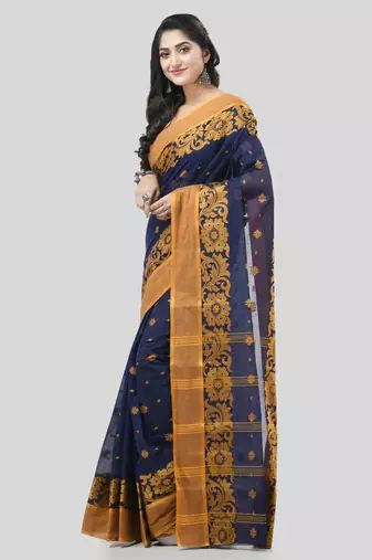 Blue Woven Cotton Self Design Handloom-Sarees Without Blouse Piece