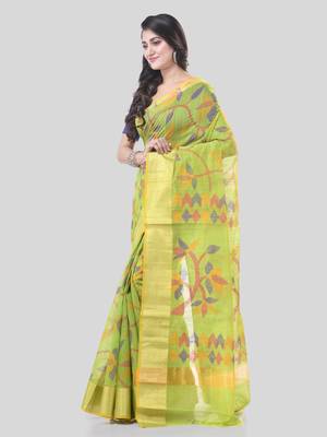 Light Green Woven Cotton Silk Self Design Handloom-Sarees Without Blouse Piece 3