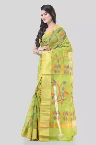Light Green Woven Cotton Silk Self Design Handloom-Sarees Without Blouse Piece