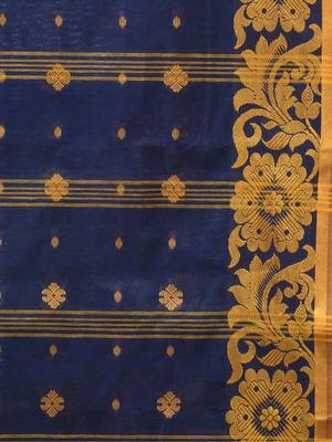 Blue Woven Cotton Self Design Handloom-Sarees Without Blouse Piece 4