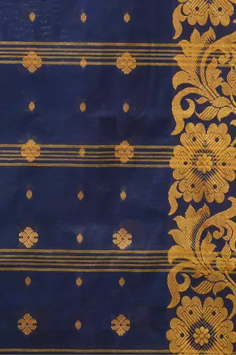Blue Woven Cotton Self Design Handloom-Sarees Without Blouse Piece