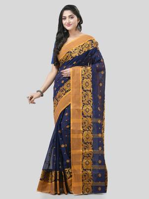 Blue Woven Cotton Self Design Handloom-Sarees Without Blouse Piece 5