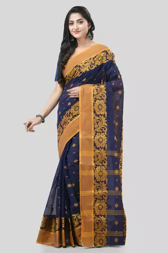 Blue Woven Cotton Self Design Handloom-Sarees Without Blouse Piece