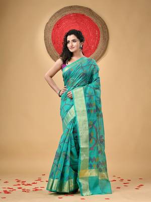 Green Woven Cotton Silk Self Design Handloom-Sarees Without Blouse Piece 1