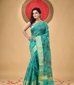 Green Woven Cotton Silk Self Design Handloom-Sarees Without Blouse Piece
