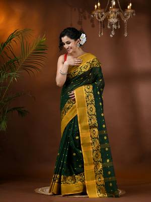 Green Woven Cotton Self Design Handloom-Sarees Without Blouse Piece 1