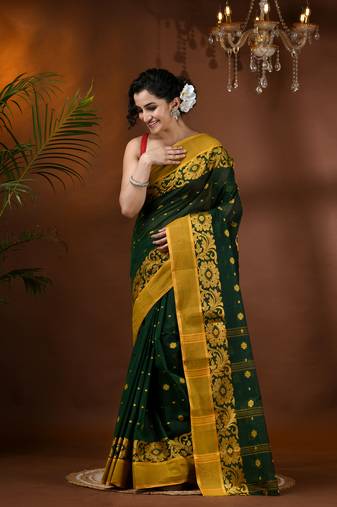 Green Woven Cotton Self Design Handloom-Sarees Without Blouse Piece