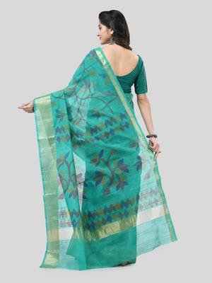 Green Woven Cotton Silk Self Design Handloom-Sarees Without Blouse Piece 2
