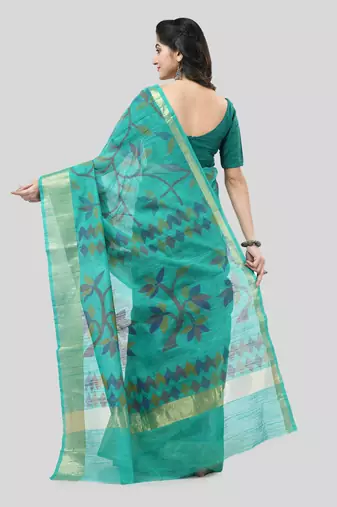 Green Woven Cotton Silk Self Design Handloom-Sarees Without Blouse Piece