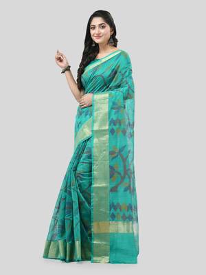 Green Woven Cotton Silk Self Design Handloom-Sarees Without Blouse Piece 3