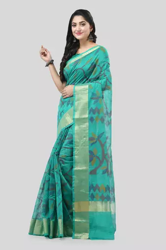 Green Woven Cotton Silk Self Design Handloom-Sarees Without Blouse Piece