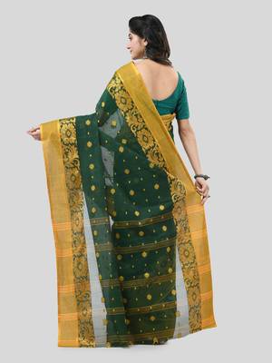 Green Woven Cotton Self Design Handloom-Sarees Without Blouse Piece 2
