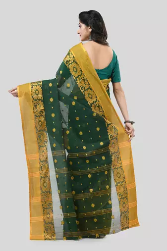 Green Woven Cotton Self Design Handloom-Sarees Without Blouse Piece