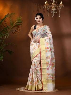 White Woven Cotton Silk Self Design Handloom-Sarees Without Blouse Piece 1