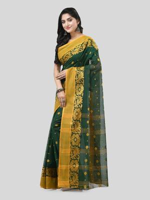 Green Woven Cotton Self Design Handloom-Sarees Without Blouse Piece 3