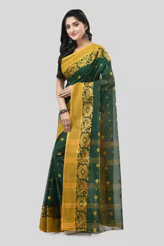 Green Woven Cotton Self Design Handloom-Sarees Without Blouse Piece