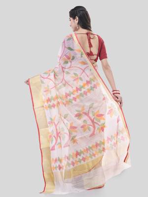 White Woven Cotton Silk Self Design Handloom-Sarees Without Blouse Piece 2