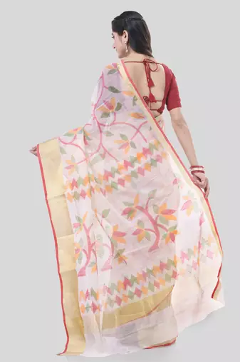 White Woven Cotton Silk Self Design Handloom-Sarees Without Blouse Piece