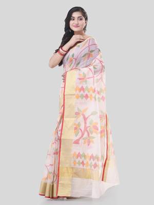White Woven Cotton Silk Self Design Handloom-Sarees Without Blouse Piece 3